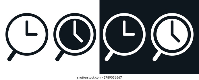 Time Search Icon with Clock and Magnifier Symbol. Schedule Lookup. Vector Illustration