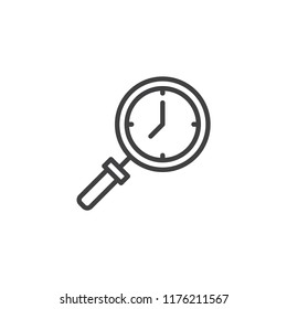 Time search outline icon. linear style sign for mobile concept and web design. Magnifying glass and clock simple line vector icon. Symbol, logo illustration. Pixel perfect vector graphics