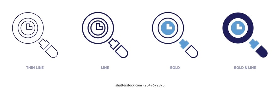 Ícone de pesquisa de tempo em 4 estilos diferentes. Linha fina, Linha, Negrito e Linha Negrito. Estilo duotônico. Traçado editável.