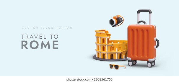 Time to see Rome. Travel business flyer vector concept. Horizontal template with 3D illustrations and place for slogan. Realistic camera, Colosseum, sunglasses, carry on luggage