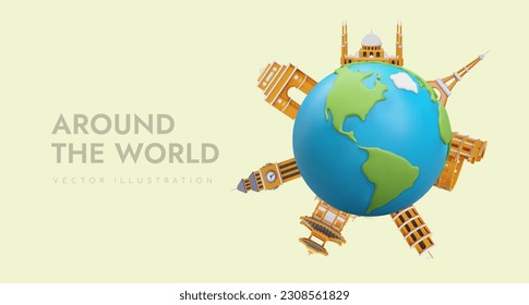 Time to see world. Advertising invitation to visit different countries. Color template with 3D world architectural monuments. Concept of modern web design. Tourist trips