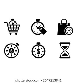 Time Sensitive Shopping Icons Black and White Minimalist Design E commerce Retail Marketing Urgency Deadline Sale Timer Clock Hourglass