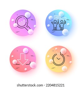 Time, Seo analysis and Voting campaign minimal line icons. 3d spheres or balls buttons. Download icons. For web, application, printing. Clock, Targeting chart, People rally. Load file. Vector