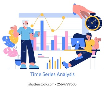 Time Series Analysis concept. Professionals analyze and forecast data trends over time. Collaboration, analyzing graphs, and time management themes. Vector illustration.