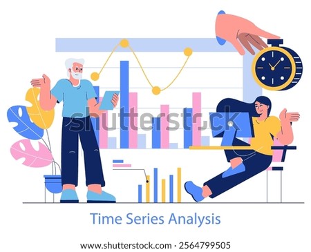 Time Series Analysis concept. Professionals analyze and forecast data trends over time. Collaboration, analyzing graphs, and time management themes. Vector illustration.