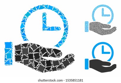 Time service composition of tremulant items in various sizes and shades, based on time service icon. Vector ragged items are grouped into composition. Time service icons collage with dotted pattern.