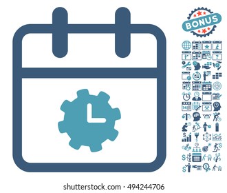 Time Service Day pictograph with bonus calendar and time management symbols. Vector illustration style is flat iconic bicolor symbols, cyan and blue colors, white background.