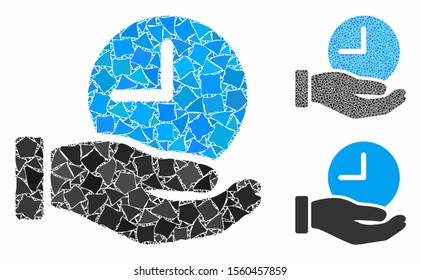 Time service hand composition of bumpy pieces in different sizes and color tints, based on time service hand icon. Vector rugged elements are grouped into collage.