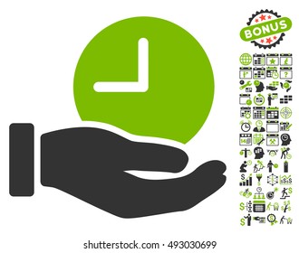 Time Service Hand icon with bonus calendar and time management symbols. Vector illustration style is flat iconic bicolor symbols, eco green and gray colors, white background.