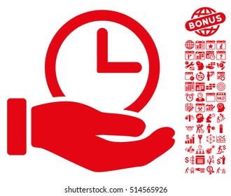 Time Service Hand icon with bonus calendar and time management design elements. Vector illustration style is flat iconic symbols, red color, white background.
