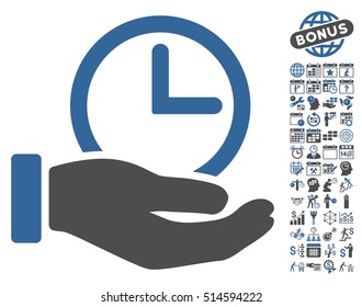 Time Service Hand icon with bonus calendar and time management clip art. Vector illustration style is flat iconic bicolor symbols, cobalt and gray colors, white background.