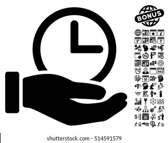 Time Service Hand pictograph with bonus calendar and time management pictogram. Vector illustration style is flat iconic symbols, black color, white background.