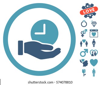 Time Service icon with bonus amour graphic icons. Vector illustration style is flat rounded iconic cyan and blue symbols on white background.
