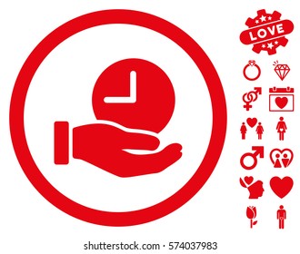 Time Service icon with bonus romantic symbols. Vector illustration style is flat rounded iconic red symbols on white background.