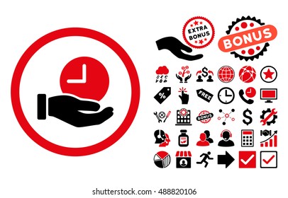 Time Service icon with bonus symbols. Vector illustration style is flat iconic bicolor symbols, intensive red and black colors, white background.