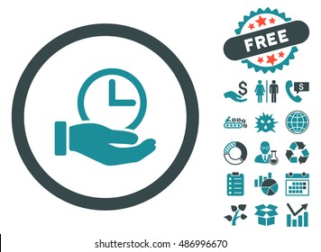 Time Service icon with free bonus elements. Vector illustration style is flat iconic bicolor symbols, soft blue colors, white background.