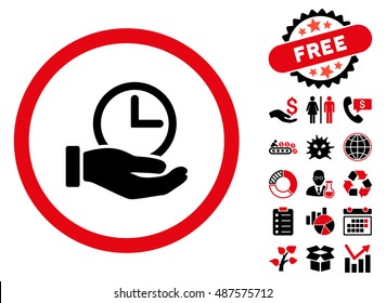 Time Service icon with free bonus design elements. Vector illustration style is flat iconic bicolor symbols, intensive red and black colors, white background.