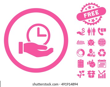 Time Service icon with free bonus pictures. Vector illustration style is flat iconic symbols, pink color, white background.