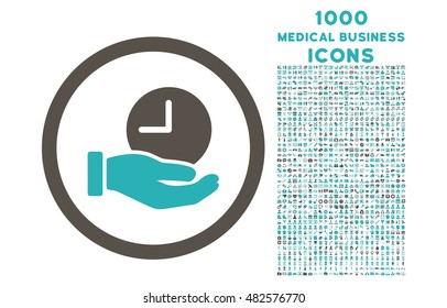 Time Service rounded vector bicolor icon with 1000 medical business icons. Set style is flat pictograms, grey and cyan colors, white background.