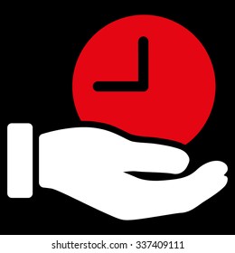 Time Service vector icon. Style is bicolor flat symbol, red and white colors, rounded angles, black background.