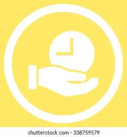 Time Service vector icon. Style is flat rounded symbol, white color, rounded angles, yellow background.