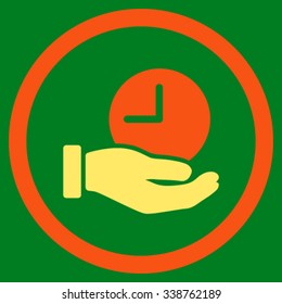 Time Service vector icon. Style is bicolor flat rounded symbol, orange and yellow colors, rounded angles, green background.