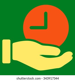 Time Service vector icon. Style is bicolor flat symbol, orange and yellow colors, rounded angles, green background.
