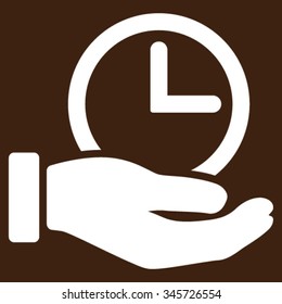 Time Service vector icon. Style is flat symbol, white color, rounded angles, brown background.