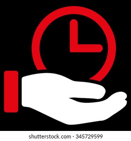 Time Service vector icon. Style is bicolor flat symbol, red and white colors, rounded angles, black background.
