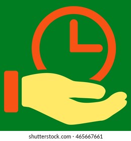 Time Service vector icon. Style is bicolor flat symbol, orange and yellow colors, rounded angles, green background.