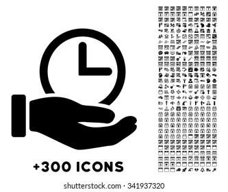 Time Service vector pictogram with additional 300 date and time management icons. Style is flat symbols, black color, rounded angles, white background.