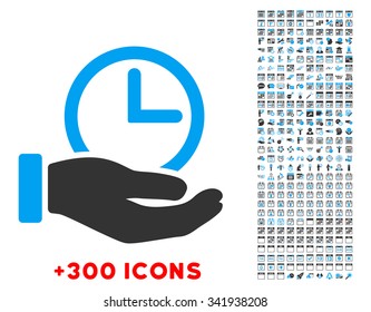 Time Service vector pictogram with additional 300 date and time management icons. Style is bicolor flat symbols, blue and gray colors, rounded angles, white background.