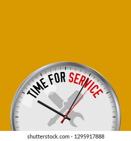 Time for Service. White Vector Clock with Motivational Slogan. Analog Metal Watch with Glass. Vector Illustration Isolated on Solid Color Background. Tools Icon.