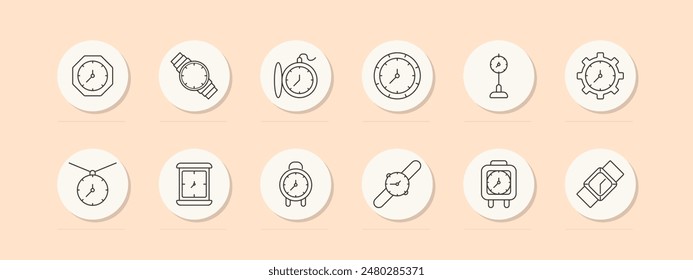Symbol "Zeiteinstellung". Uhr, Armbanduhr, Taschenuhr, Stoppuhr, Zahnrad, Uhrturm. Zeitmessung, Pünktlichkeit, Terminkonzept. Symbole für Vektorgrafiken auf beigem Hintergrund.