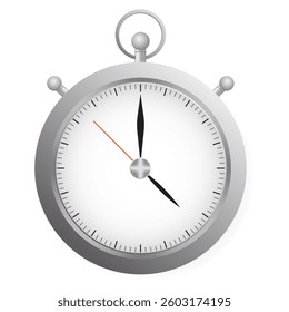 Time set icon. Silver stopwatch with black hands and red second line illustrates precise timing, countdown, sports measurement, schedule, fast response tool.