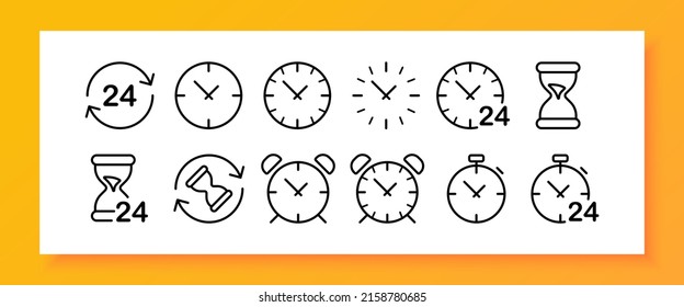 Das Symbol Uhrzeit gesetzt. Wecker, Wecker, Erinnerung, Stoppuhr. Zeitmanagement-Konzept. Vektorsymbol für Unternehmen und Werbung