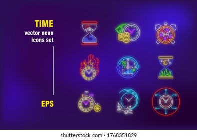 Time set in neon style. Money, clock, sandglass and watch. Vector illustrations for night bright advertisement. Timetable and work concept