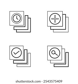 Configuraciones de tiempo, listas de comprobación, agregados y marcas de búsqueda. Marcas de tiempo, de verificación, de adición y de búsqueda Se puede editar el trazo. Ilustración de línea lineal de Vector. Ilustración vectorial