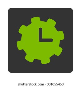 Time settings icon. This flat rounded square button uses eco green and gray colors and isolated on a white background.