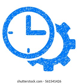 Time Setup Gear grainy textured icon for overlay watermark stamps. Flat symbol with dust texture. Dotted vector blue ink rubber seal stamp with grunge design on a white background.