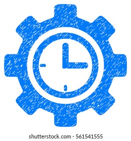 Time Setup Gear grainy textured icon for overlay watermark stamps. Flat symbol with dirty texture. Dotted vector blue ink rubber seal stamp with grunge design on a white background.