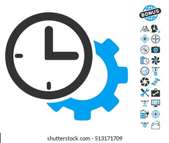 Time Setup Gear icon with bonus drone tools design elements. Vector illustration style is flat iconic blue and gray symbols on white background.