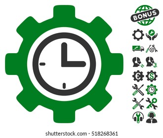 Time Setup Gear icon with bonus options design elements. Vector illustration style is flat iconic green and gray symbols on white background.