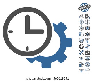 Time Setup Gear icon with bonus aircopter service images. Vector illustration style is flat iconic cobalt and gray symbols on white background.
