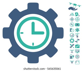 Time Setup Gear icon with bonus drone service pictograph collection. Vector illustration style is flat iconic cobalt and cyan symbols on white background.
