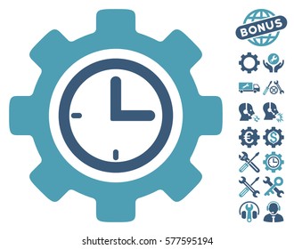 Time Setup Gear icon with bonus options images. Vector illustration style is flat iconic cyan and blue symbols on white background.