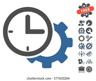 Time Setup Gear icon with bonus configuration icon set. Vector illustration style is flat iconic cobalt and gray symbols on white background.
