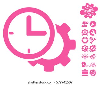 Time Setup Gear icon with bonus tools graphic icons. Vector illustration style is flat iconic pink symbols on white background.