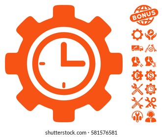 Time Setup Gear icon with bonus options pictograms. Vector illustration style is flat iconic orange symbols on white background.