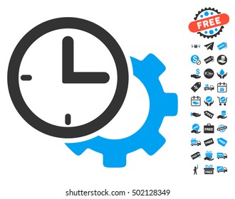 Time Setup Gear icon with free bonus design elements. Vector illustration style is flat iconic symbols, blue and gray colors, white background.